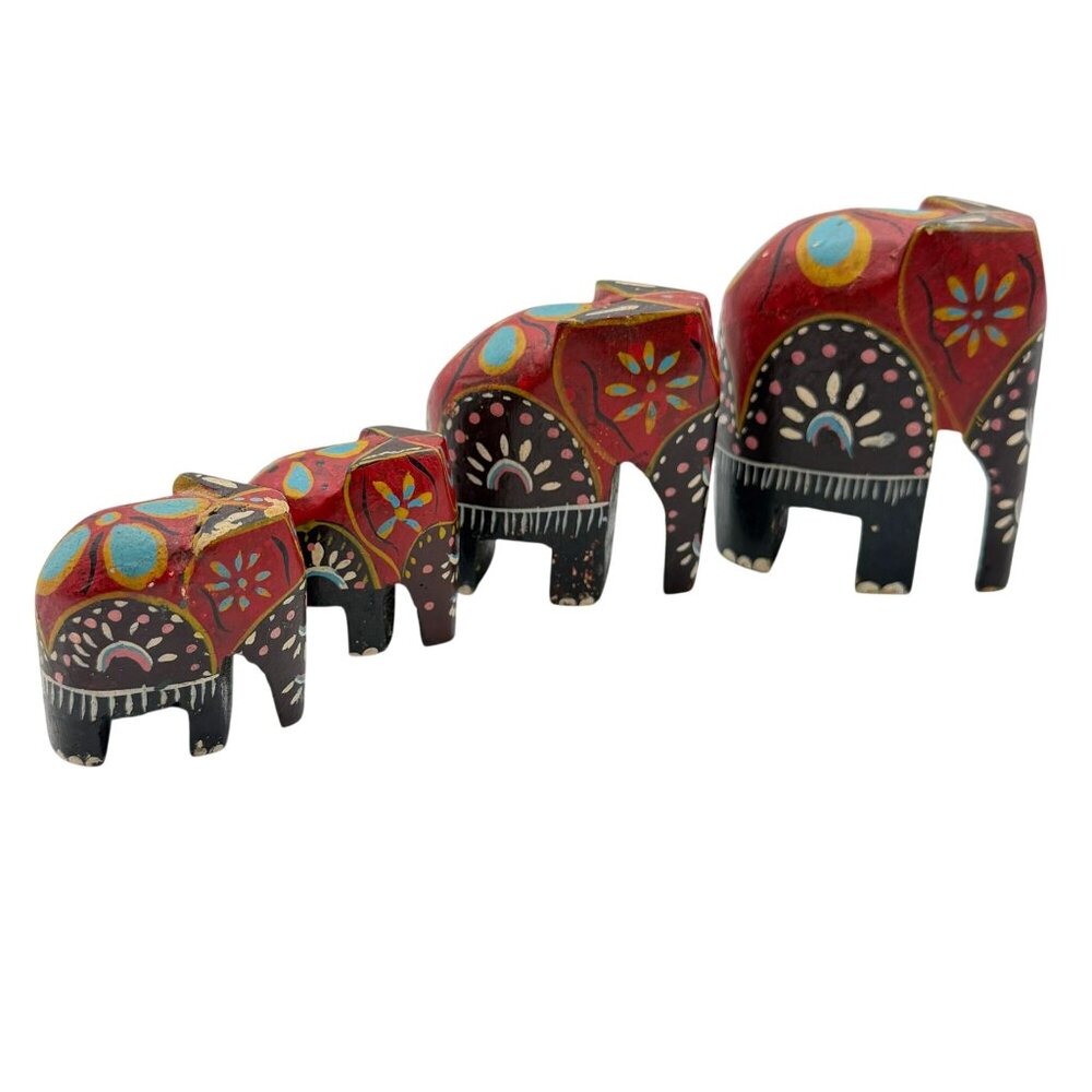 Bohemian wooden hand painted elephant family set of four Boho home decor shelf s